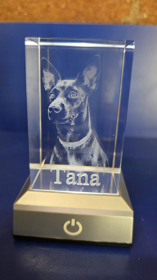 Cubo pequeño de cristal grabado en 3D, ejemplo real con base luminosa encendida