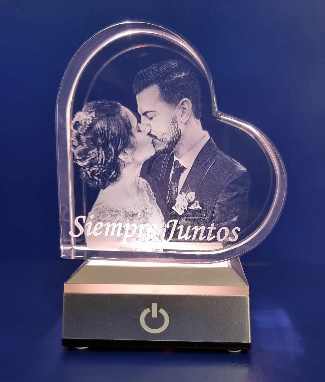Corazon de cristal personalizado con imagen incluye base luminosa